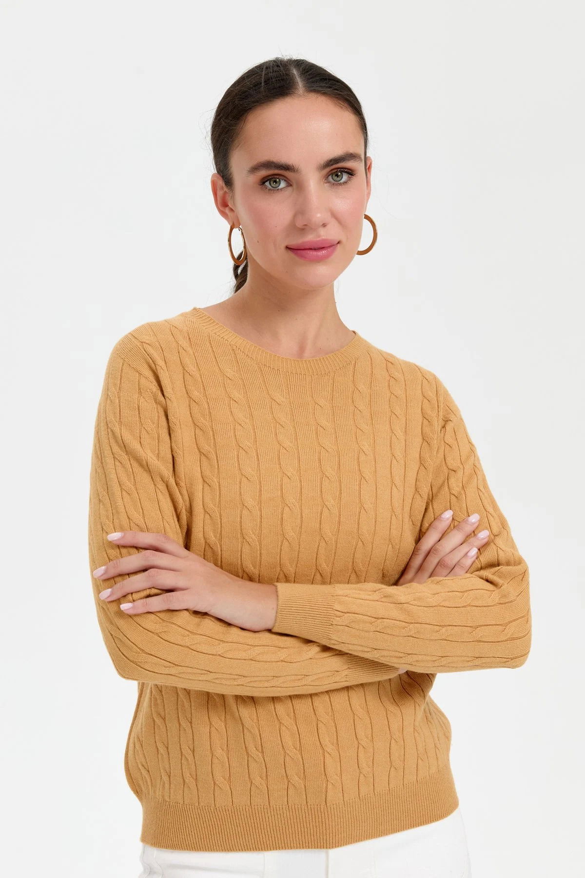Desen Triko Kadın Sıfır Yaka Saç Örgülü Kazak 3329 Camel - 1
