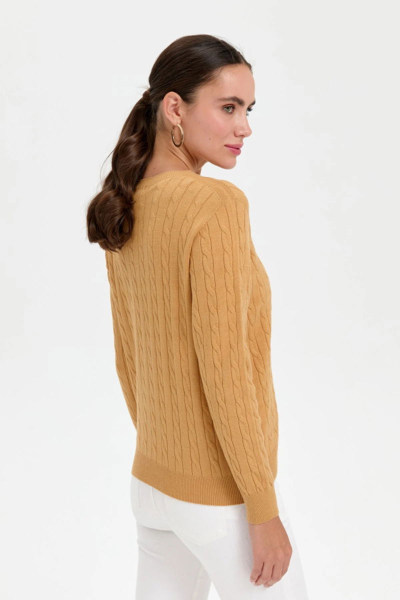Desen Triko Kadın Sıfır Yaka Saç Örgülü Kazak 3329 Camel - 4