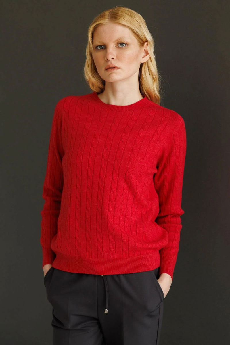 Desen Triko Kadın Sıfır Yaka Saç Örgülü Kazak 3329 Kırmızı - Desen Triko