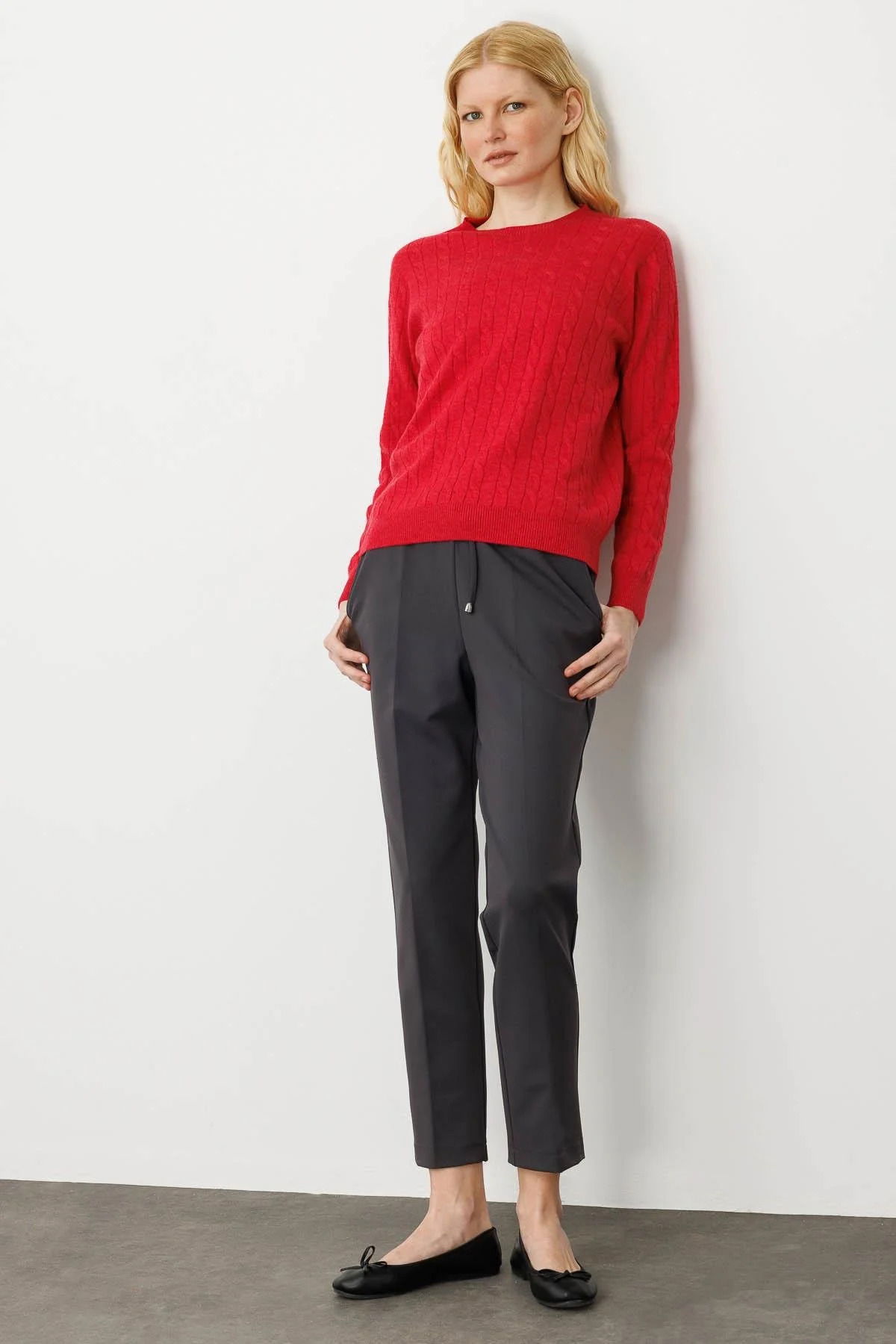 Desen Triko Kadın Sıfır Yaka Saç Örgülü Kazak 3329 Kırmızı - 2