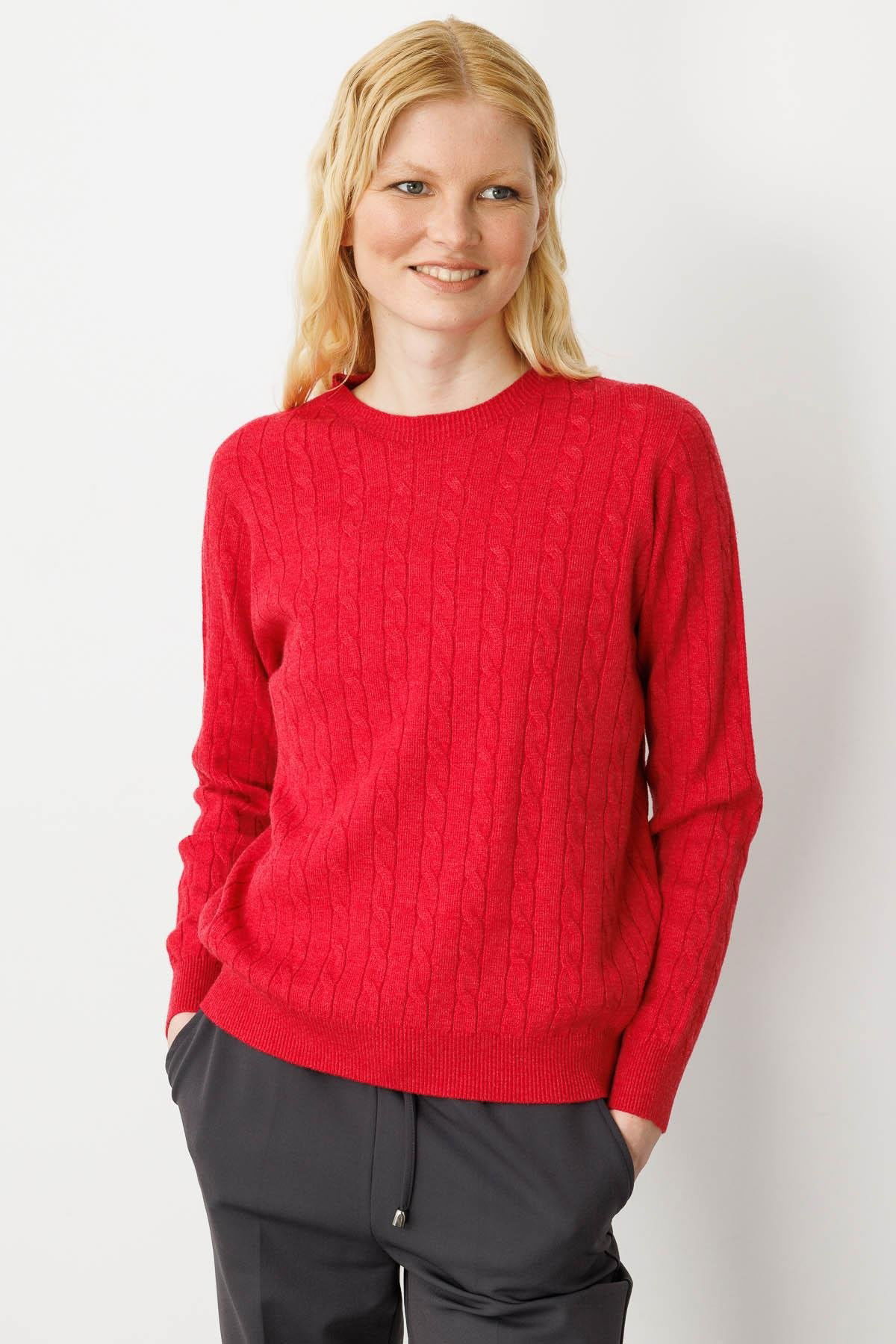 Desen Triko Kadın Sıfır Yaka Saç Örgülü Kazak 3329 Kırmızı - 3