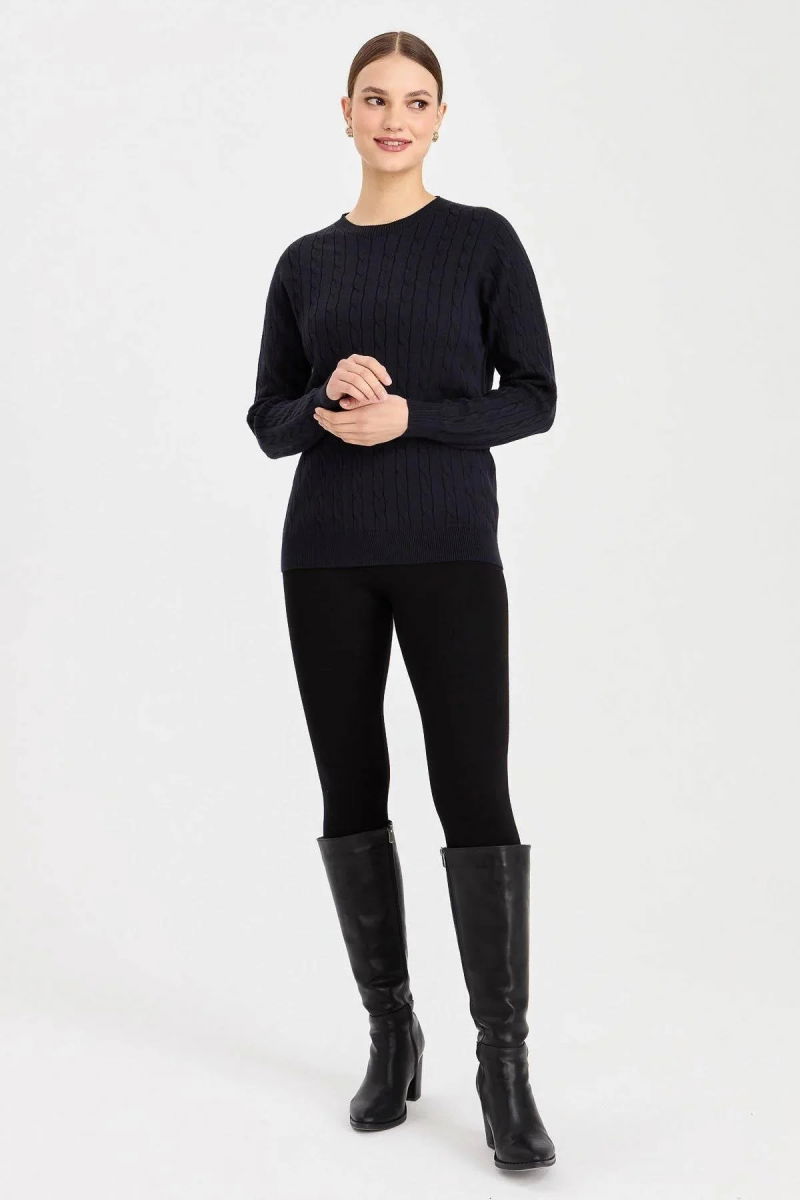 Desen Triko Kadın Sıfır Yaka Saç Örgülü Kazak 3329 Koyu Lacivert - 2