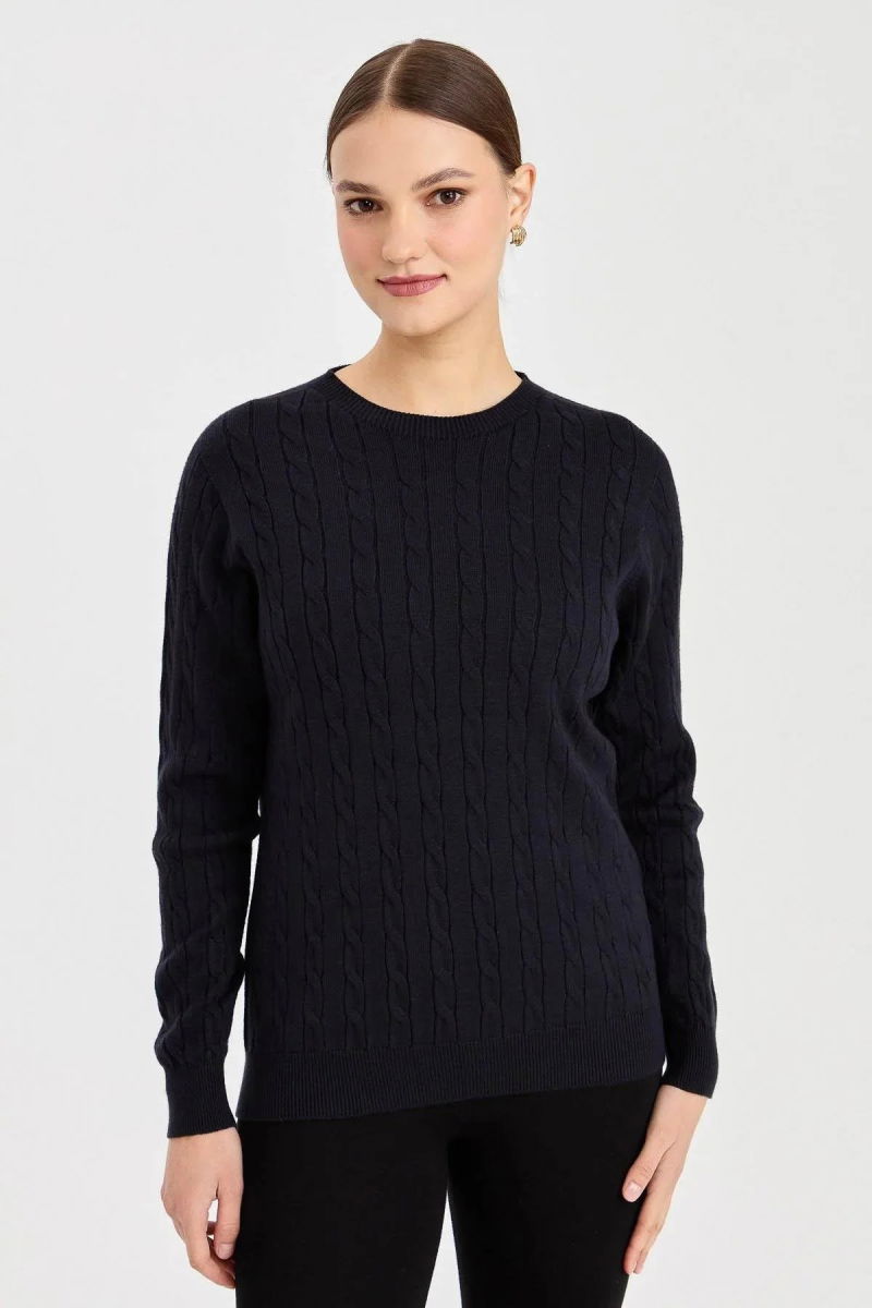 Desen Triko Kadın Sıfır Yaka Saç Örgülü Kazak 3329 Koyu Lacivert - 3