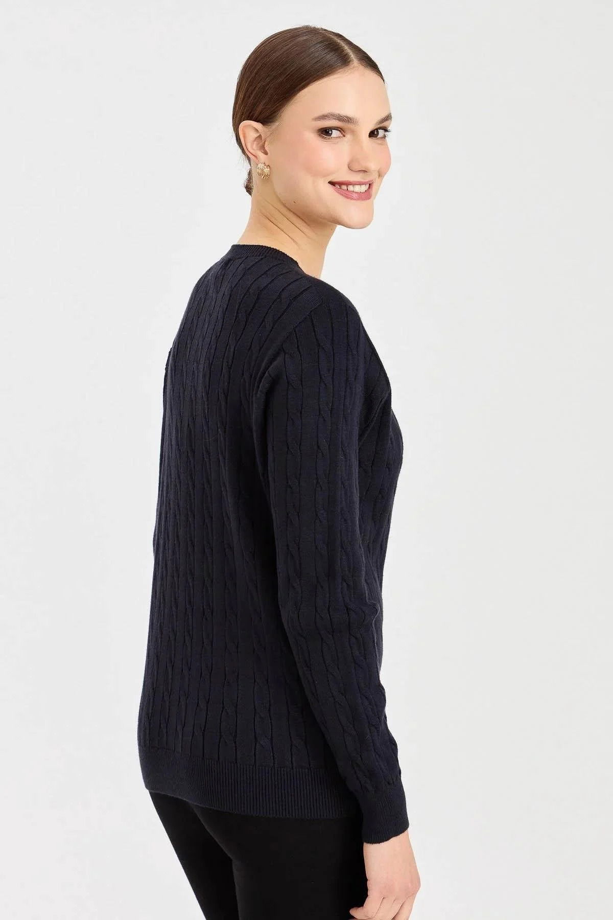 Desen Triko Kadın Sıfır Yaka Saç Örgülü Kazak 3329 Koyu Lacivert - 4