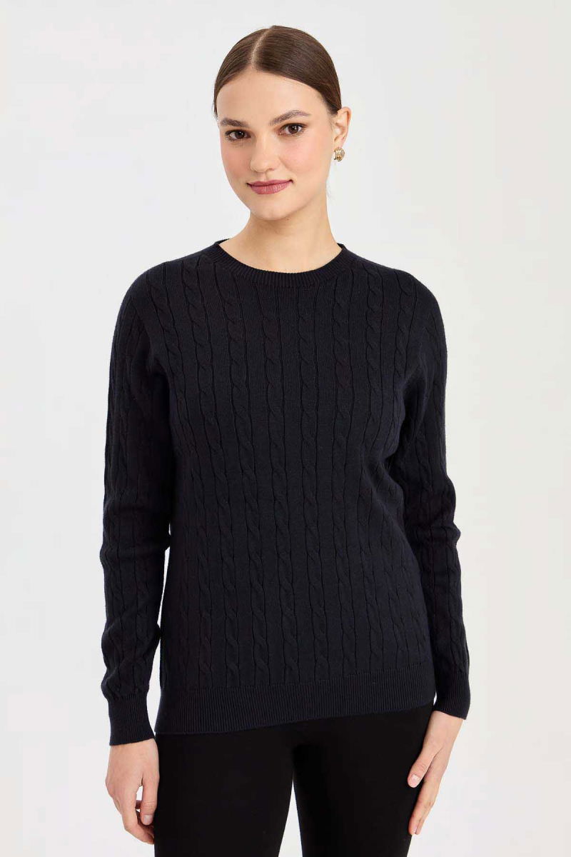 Desen Triko Kadın Sıfır Yaka Saç Örgülü Kazak 3329 Lacivert 