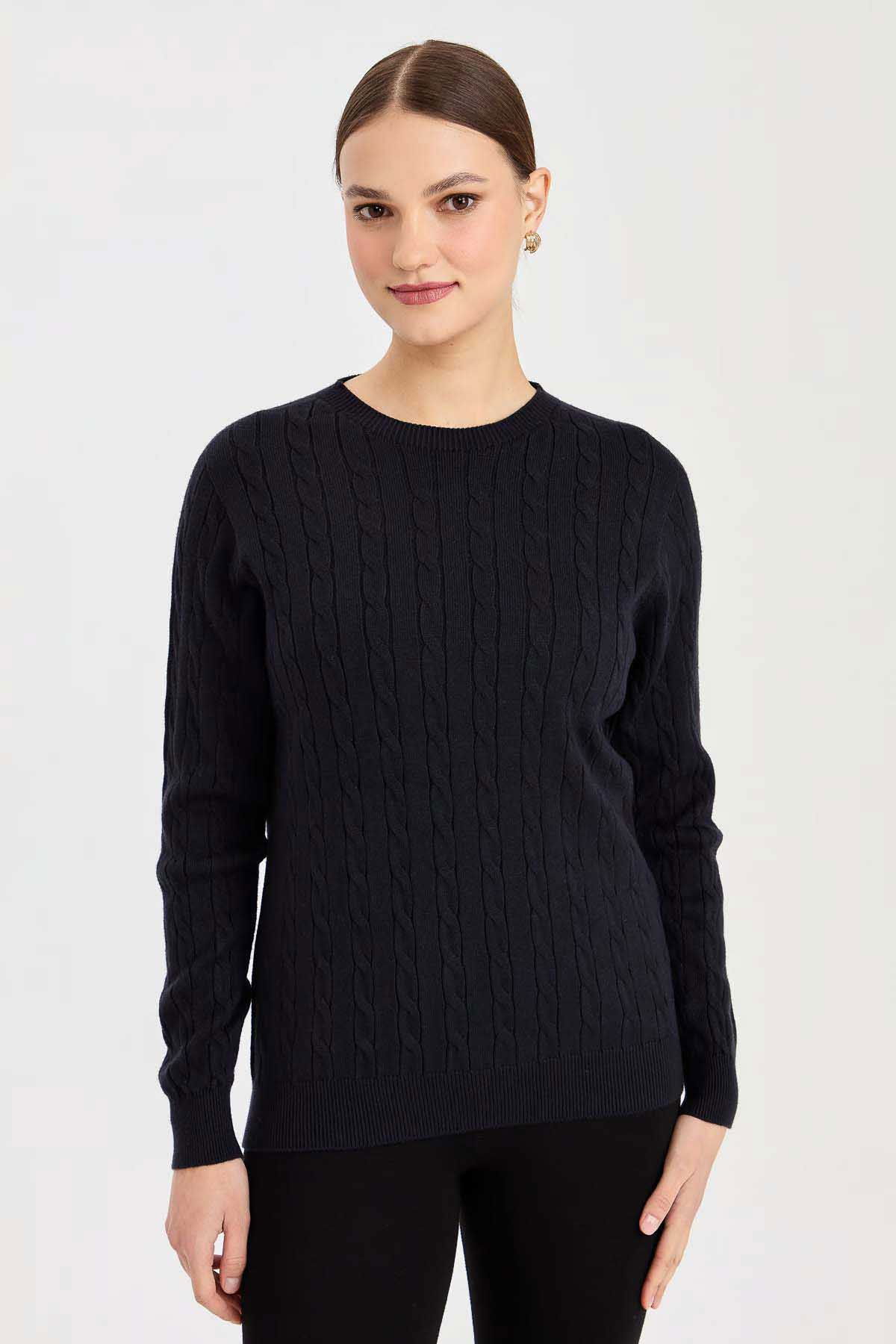 Desen Triko Kadın Sıfır Yaka Saç Örgülü Kazak 3329 Lacivert - 1