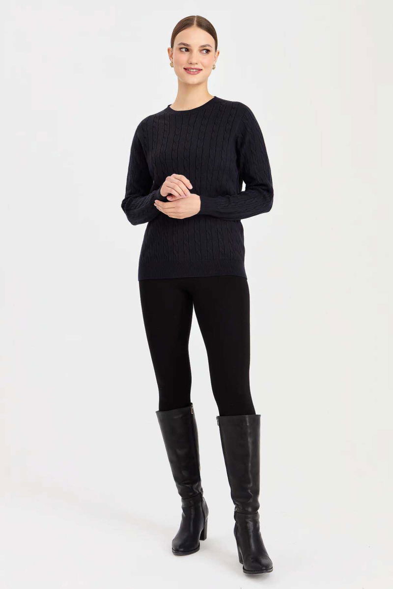 Desen Triko Kadın Sıfır Yaka Saç Örgülü Kazak 3329 Lacivert - 2