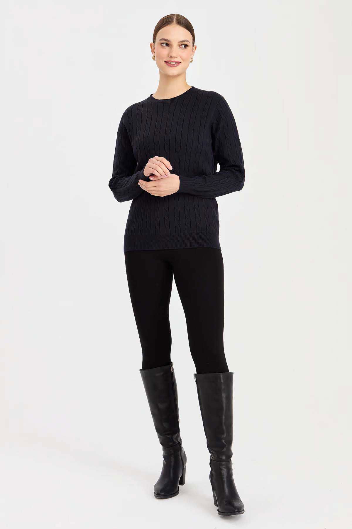 Desen Triko Kadın Sıfır Yaka Saç Örgülü Kazak 3329 Lacivert - 2