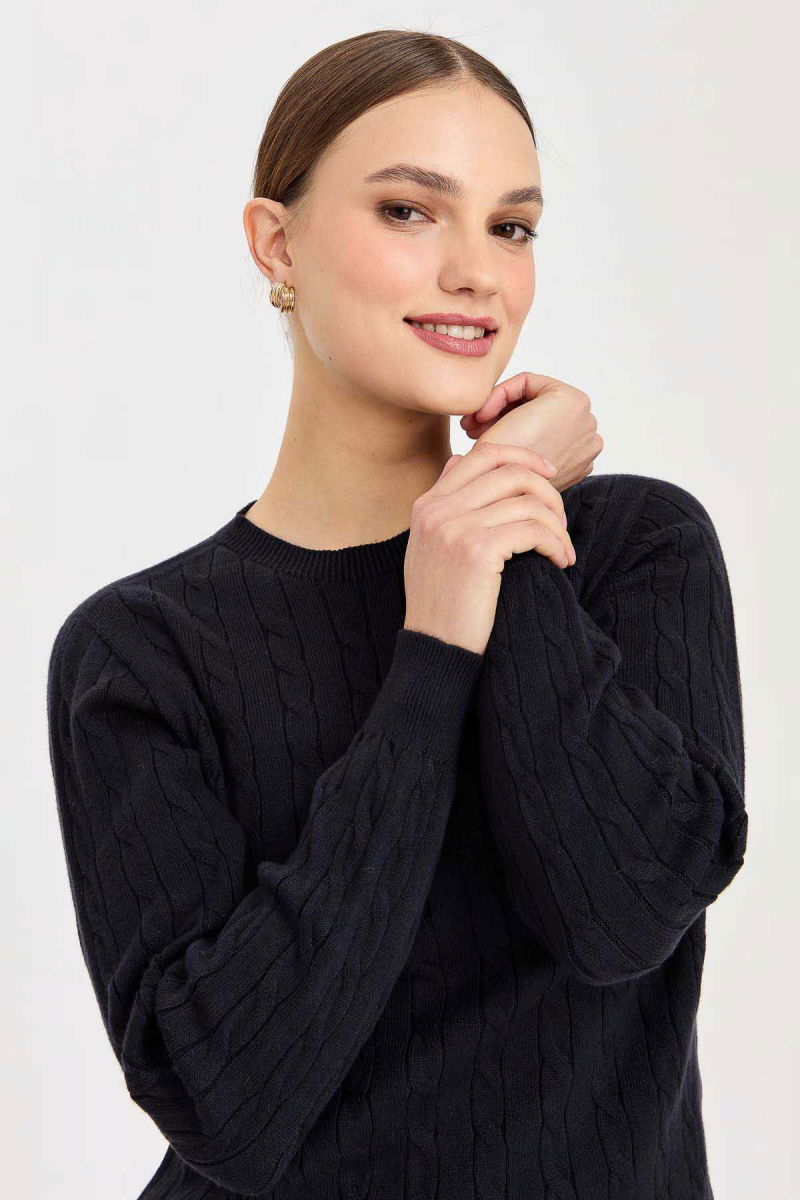 Desen Triko Kadın Sıfır Yaka Saç Örgülü Kazak 3329 Lacivert - 3