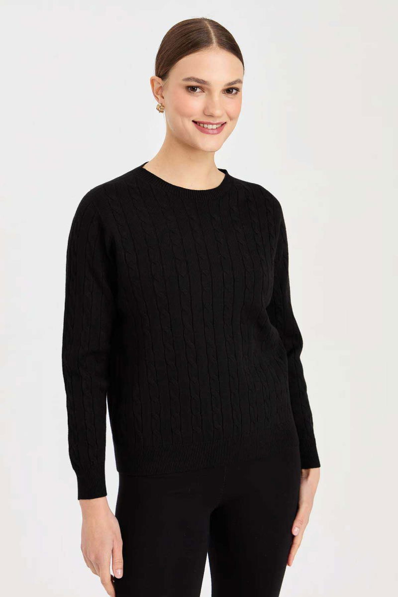 Desen Triko Kadın Sıfır Yaka Saç Örgülü Kazak 3329 Siyah 