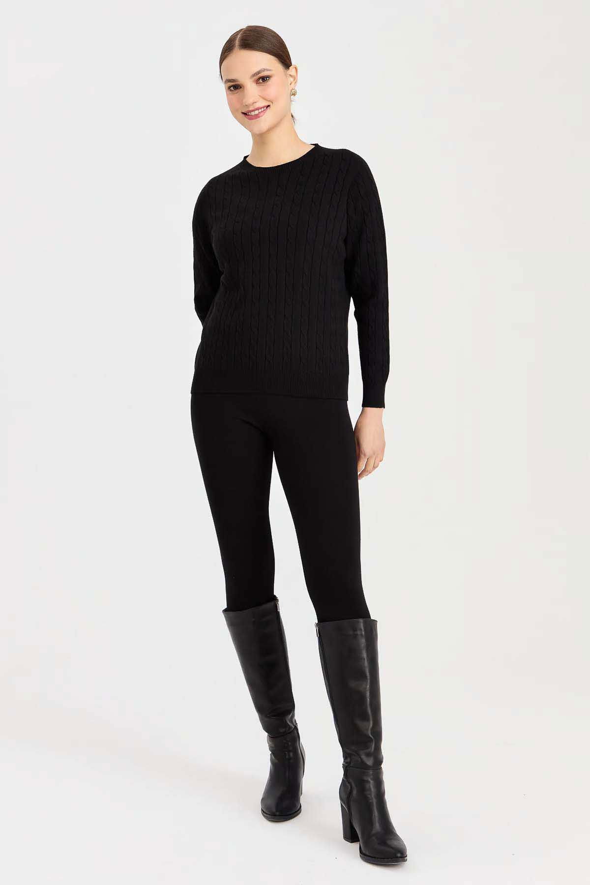 Desen Triko Kadın Sıfır Yaka Saç Örgülü Kazak 3329 Siyah - 2