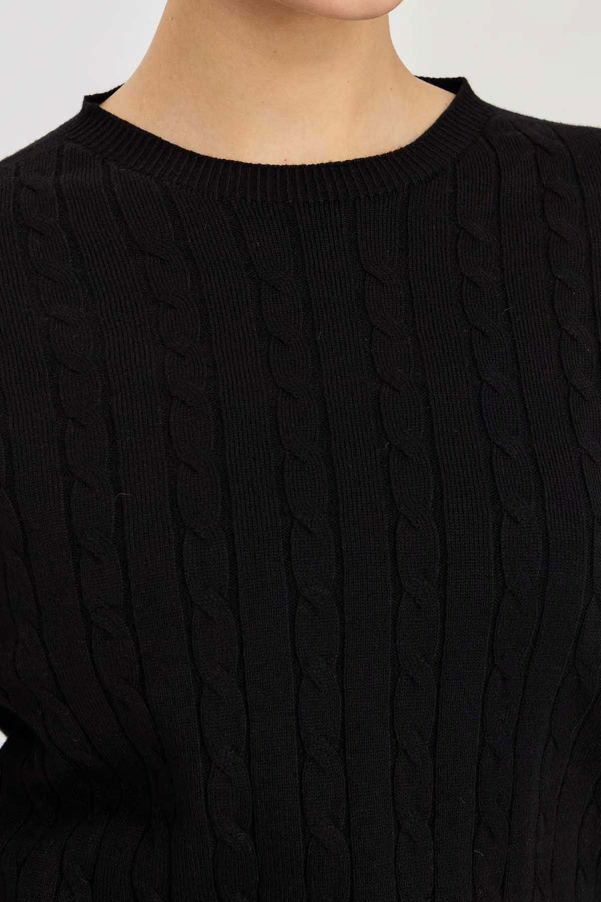 Desen Triko Kadın Sıfır Yaka Saç Örgülü Kazak 3329 Siyah - 3