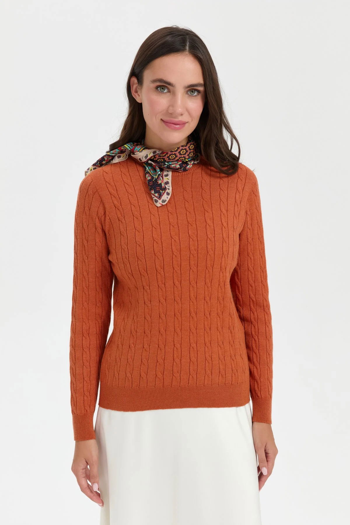 Desen Triko Kadın Sıfır Yaka Saç Örgülü Kazak 3329 Turuncu - 1