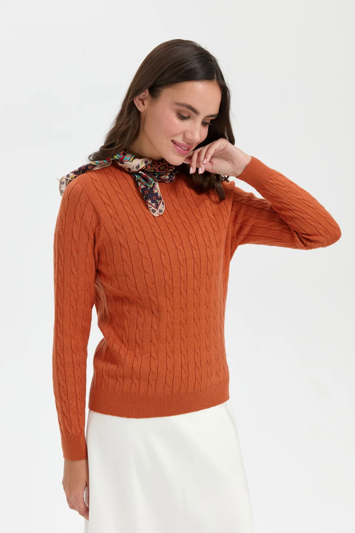 Desen Triko Kadın Sıfır Yaka Saç Örgülü Kazak 3329 Turuncu - 2