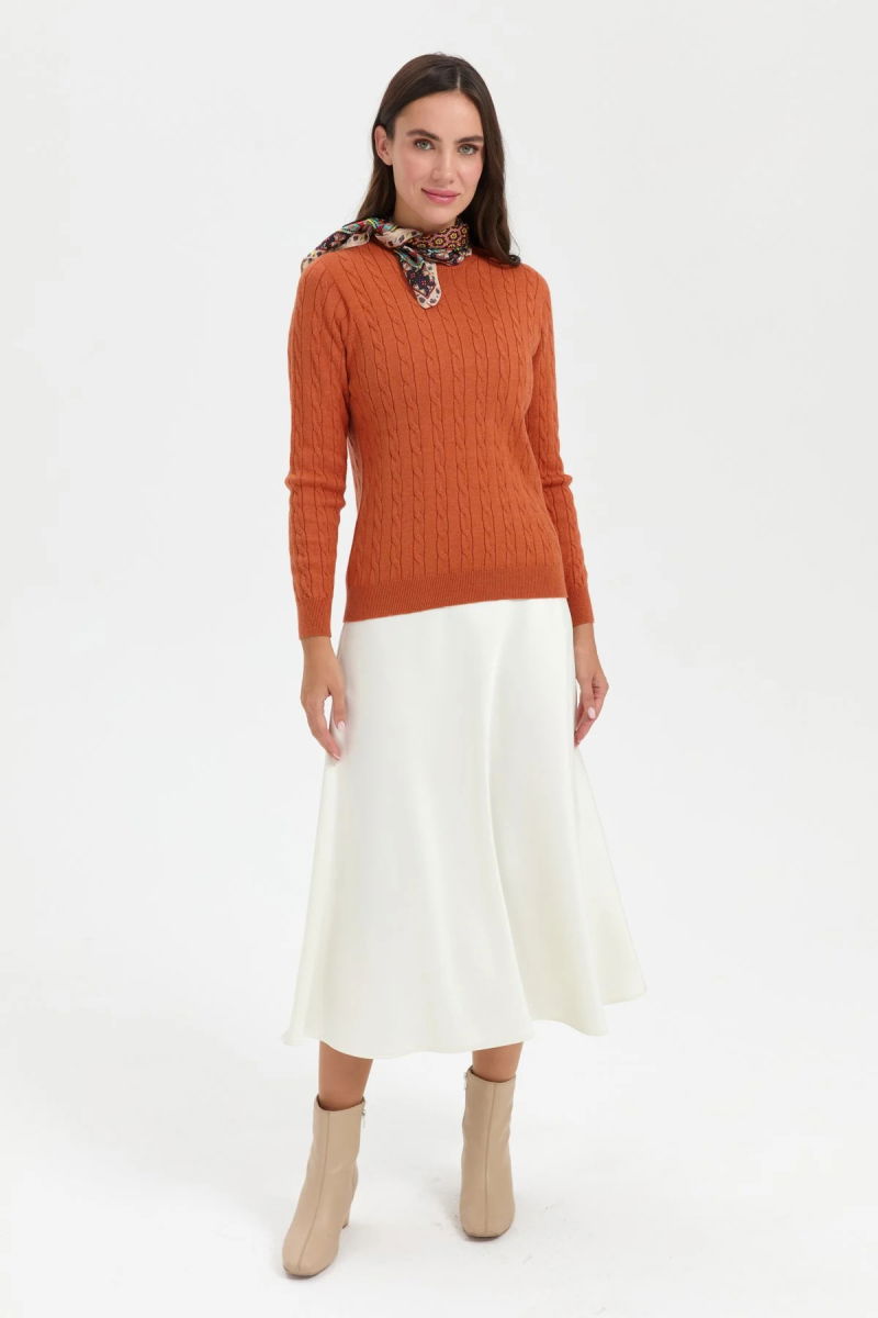 Desen Triko Kadın Sıfır Yaka Saç Örgülü Kazak 3329 Turuncu - 3