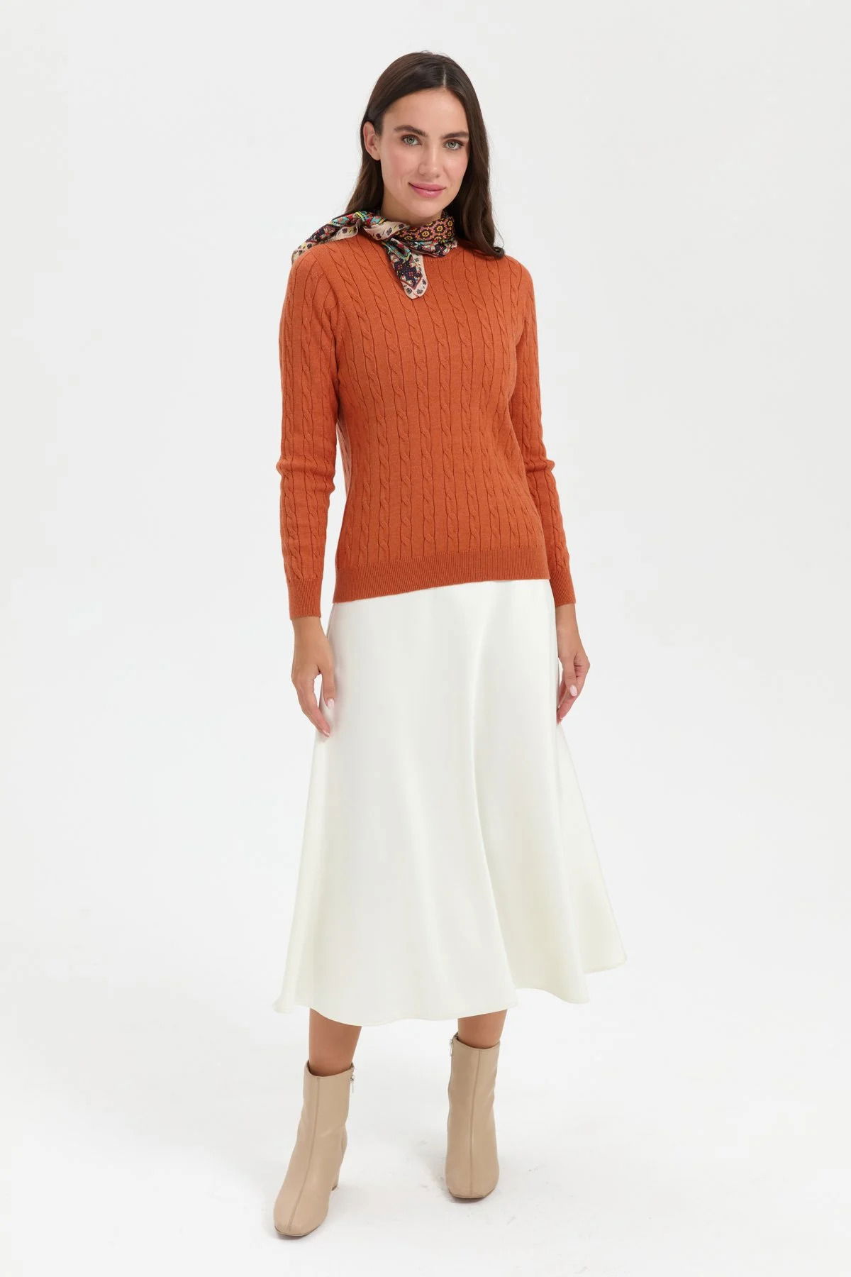 Desen Triko Kadın Sıfır Yaka Saç Örgülü Kazak 3329 Turuncu - 3