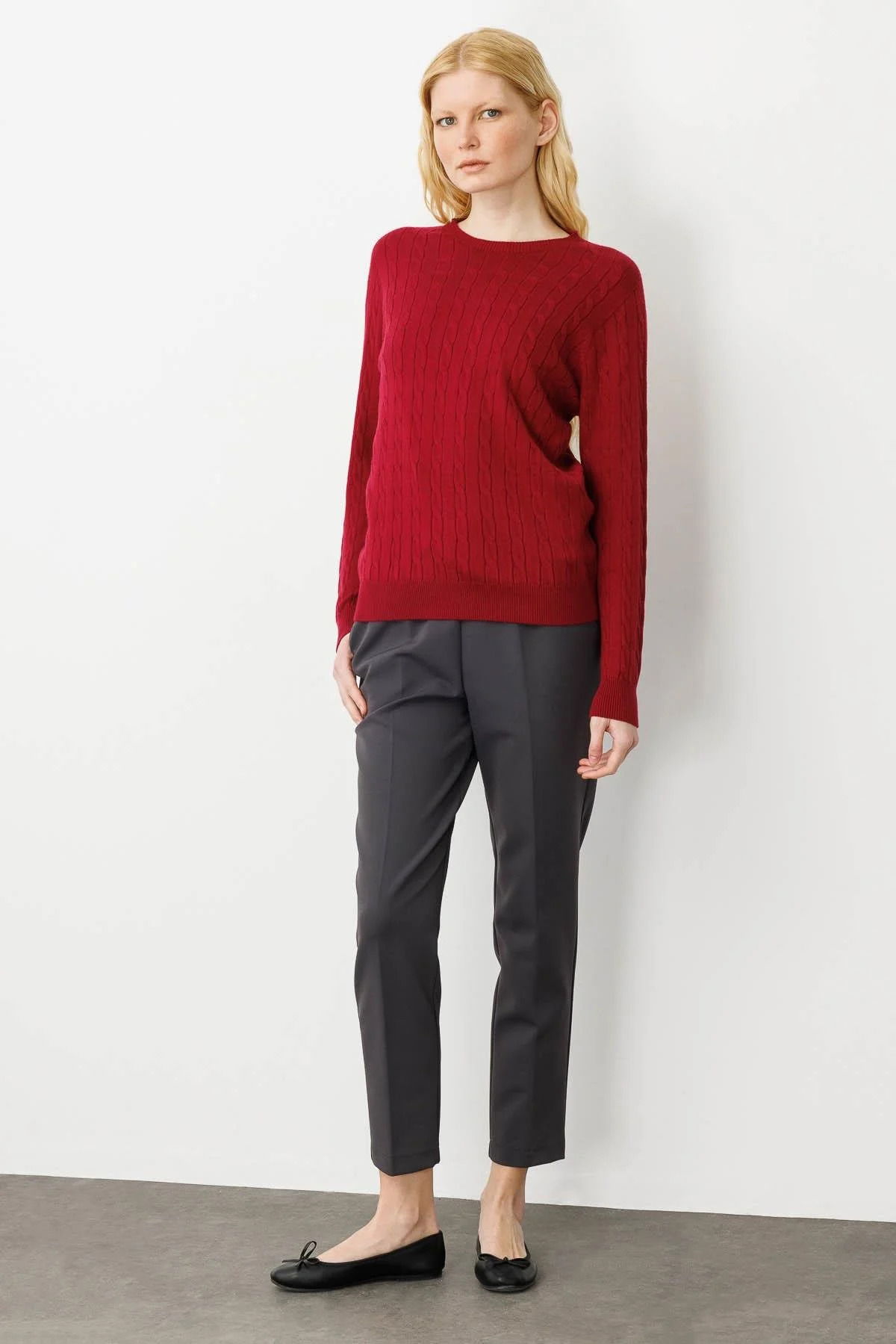 Desen Triko Kadın Sıfır Yaka Saç Örgülü Kazak 3329 Vişne Çürüğü - 2