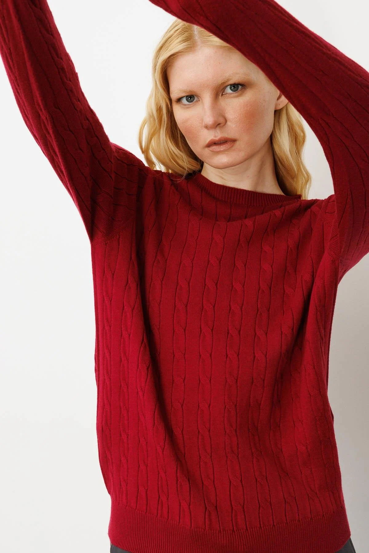 Desen Triko Kadın Sıfır Yaka Saç Örgülü Kazak 3329 Vişne Çürüğü - 3