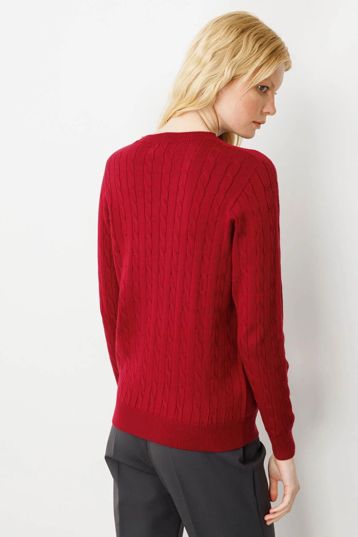 Desen Triko Kadın Sıfır Yaka Saç Örgülü Kazak 3329 Vişne Çürüğü - 4