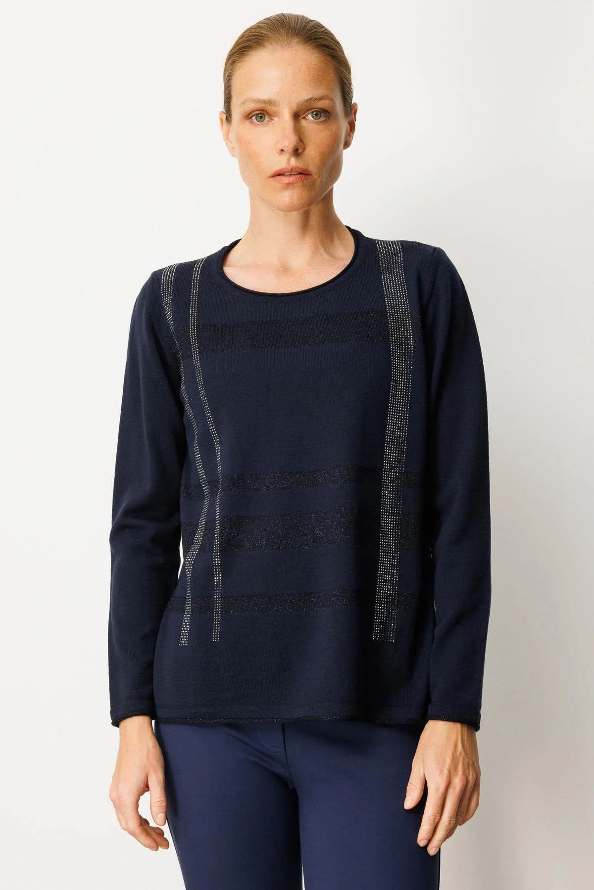 Desen Triko Kadın Sıfır Yaka Sim Çizgili Taşlı Yün Bluz 25026 Koyu Lacivert - 1