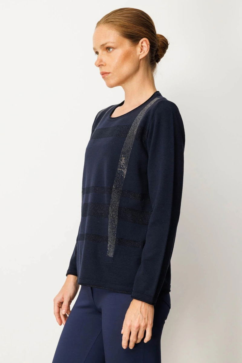 Desen Triko Kadın Sıfır Yaka Sim Çizgili Taşlı Yün Bluz 25026 Koyu Lacivert - 2