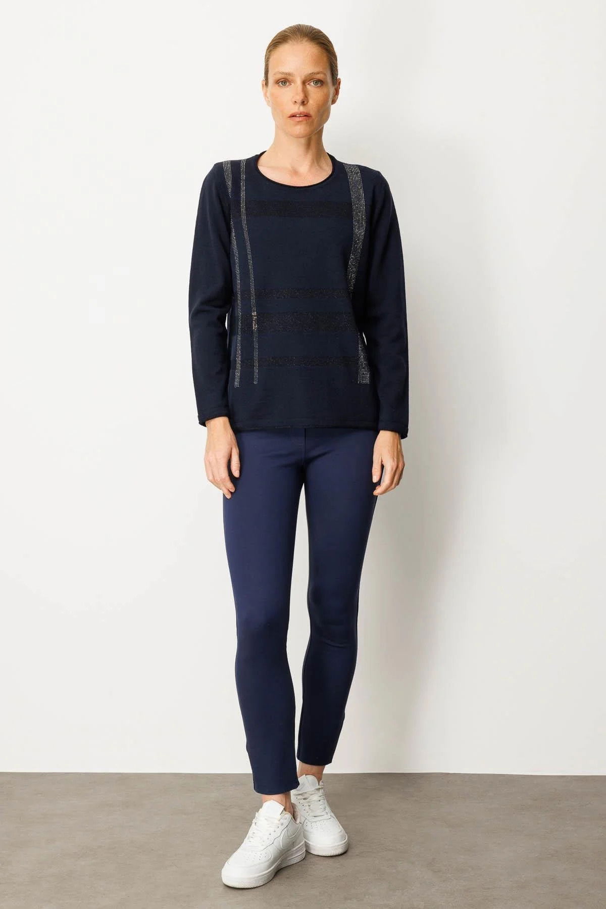 Desen Triko Kadın Sıfır Yaka Sim Çizgili Taşlı Yün Bluz 25026 Koyu Lacivert - 3