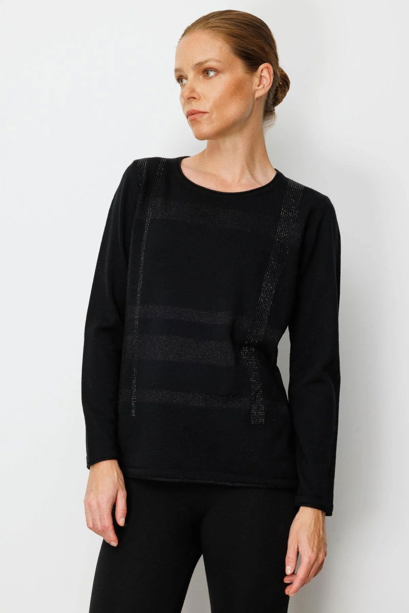 Desen Triko Kadın Sıfır Yaka Sim Çizgili Taşlı Yün Bluz 25026 Siyah - Desen Triko