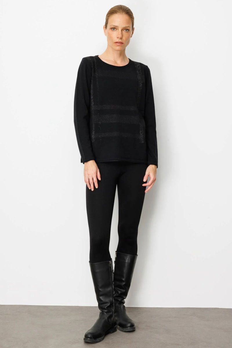 Desen Triko Kadın Sıfır Yaka Sim Çizgili Taşlı Yün Bluz 25026 Siyah - 2