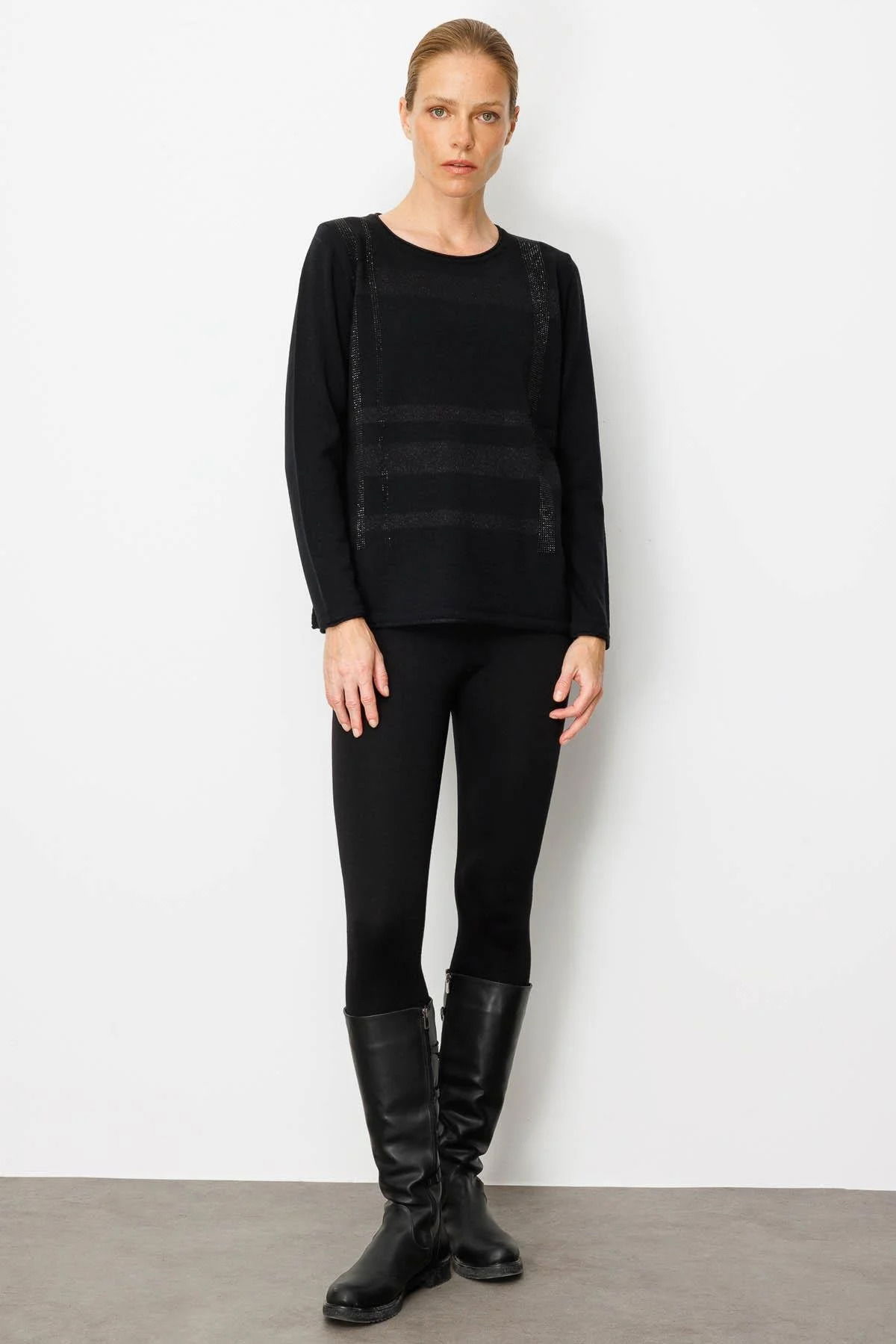 Desen Triko Kadın Sıfır Yaka Sim Çizgili Taşlı Yün Bluz 25026 Siyah - 2