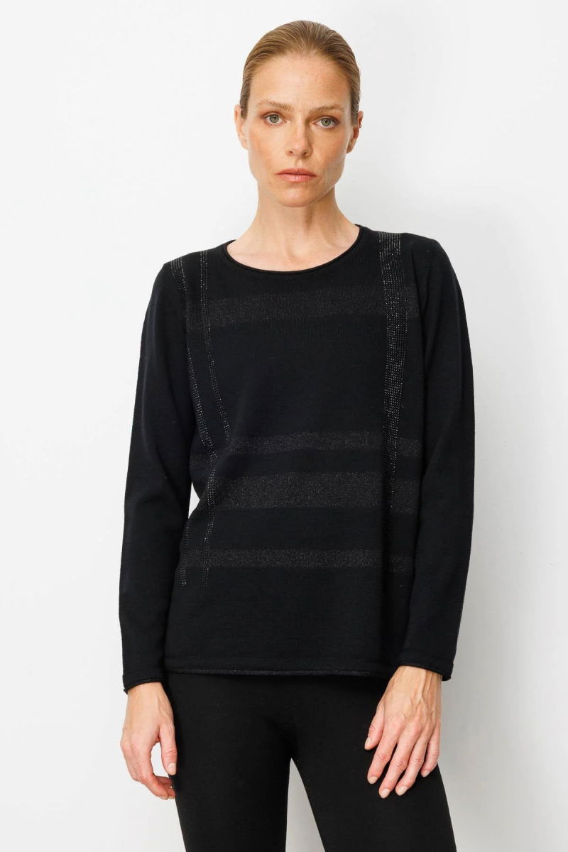 Desen Triko Kadın Sıfır Yaka Sim Çizgili Taşlı Yün Bluz 25026 Siyah - 3