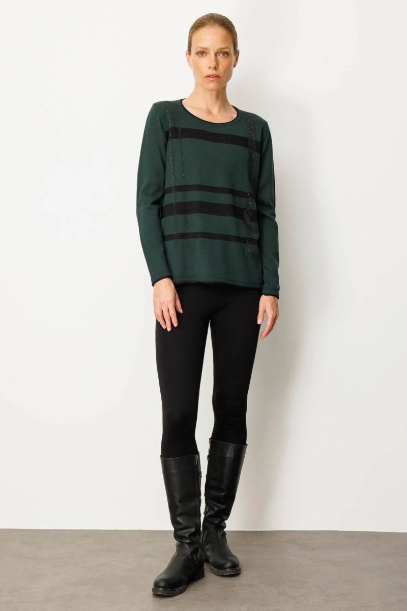 Desen Triko Kadın Sıfır Yaka Sim Çizgili Taşlı Yün Bluz 25026 Yeşil - 2
