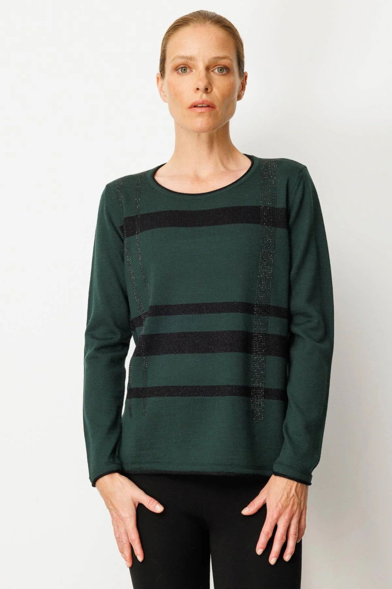 Desen Triko Kadın Sıfır Yaka Sim Çizgili Taşlı Yün Bluz 25026 Yeşil - 3