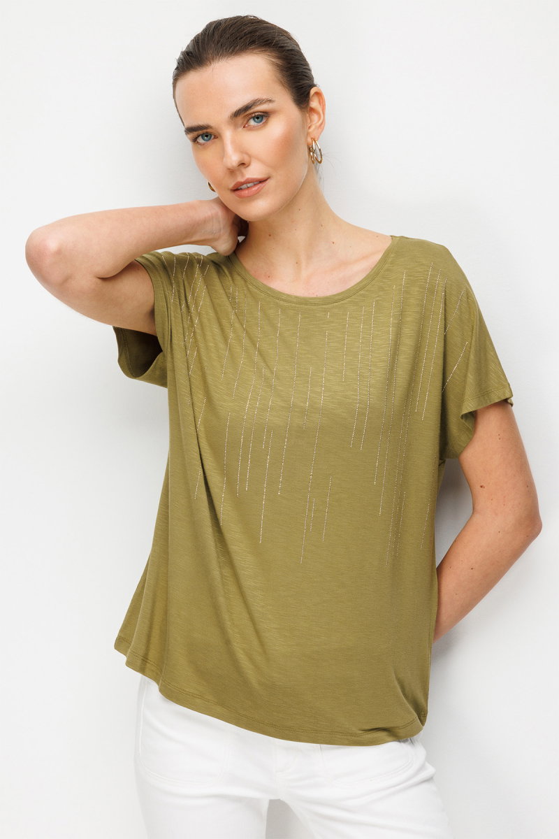Desen Triko Kadın Sıfır Yaka Su Yolu Taşlı Düşük Kollu Penye T-Shirt 26833 Haki 