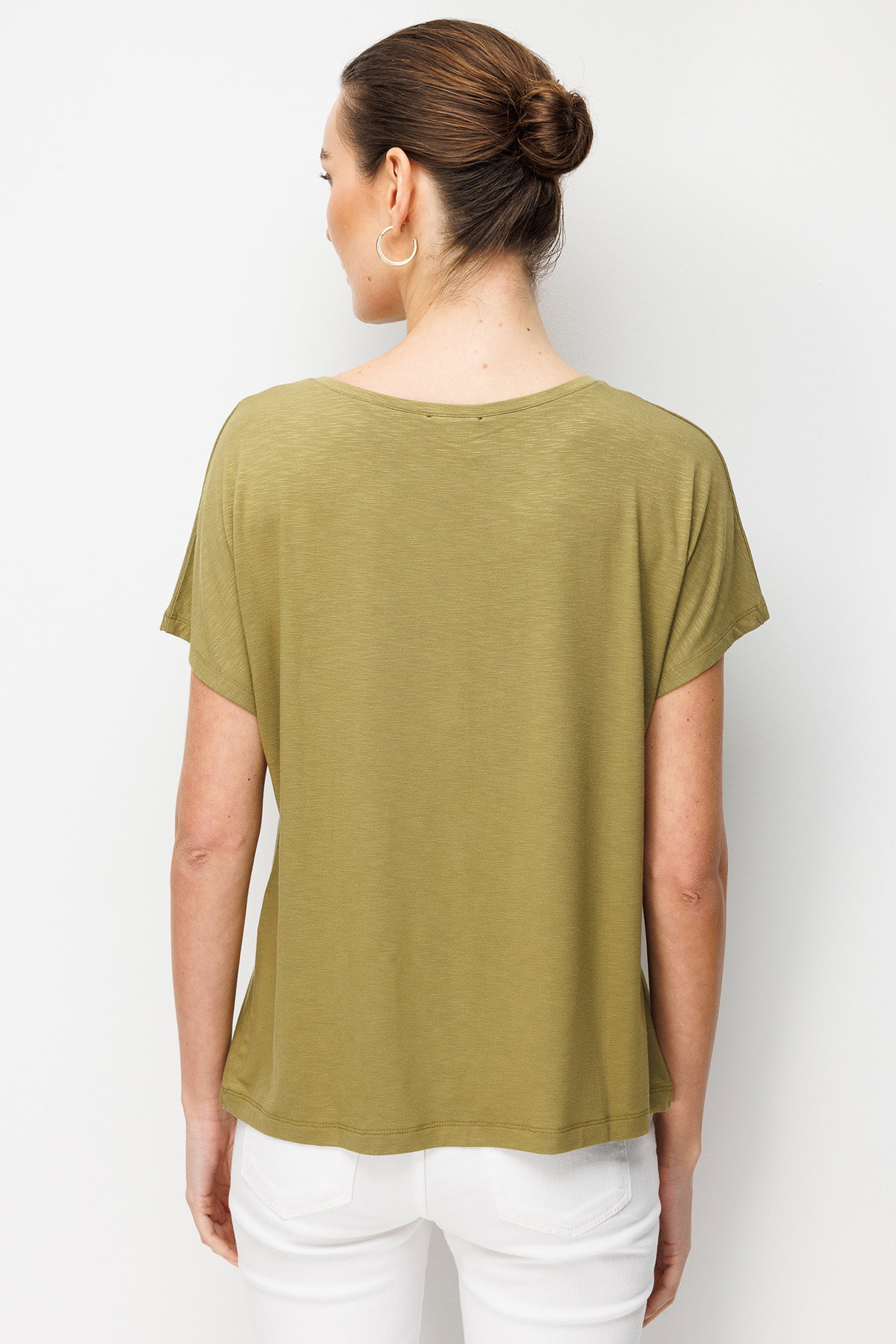 Desen Triko Kadın Sıfır Yaka Su Yolu Taşlı Düşük Kollu Penye T-Shirt 26833 Haki - 4