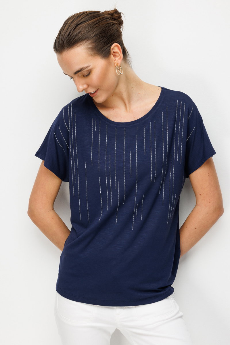 Desen Triko Kadın Sıfır Yaka Su Yolu Taşlı Düşük Kollu Penye T-Shirt 26833 Lacivert 