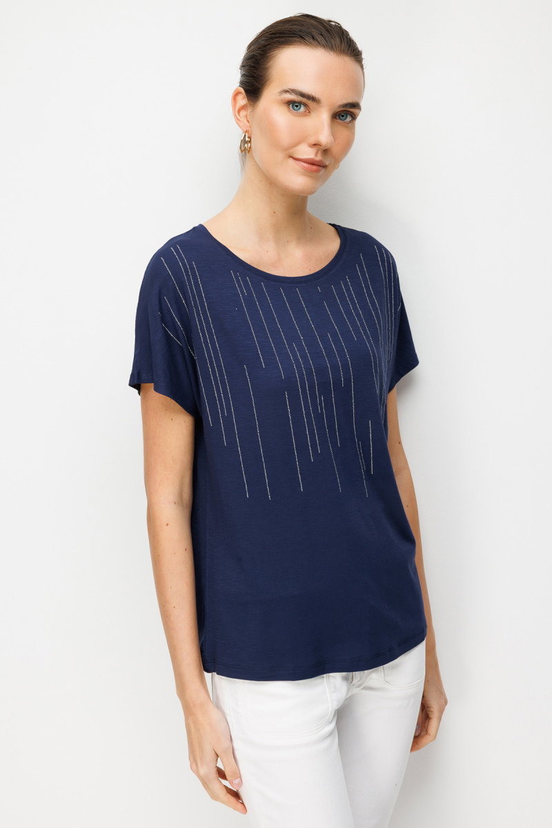 Desen Triko Kadın Sıfır Yaka Su Yolu Taşlı Düşük Kollu Penye T-Shirt 26833 Lacivert - 2