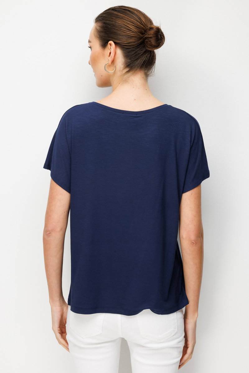 Desen Triko Kadın Sıfır Yaka Su Yolu Taşlı Düşük Kollu Penye T-Shirt 26833 Lacivert - 4