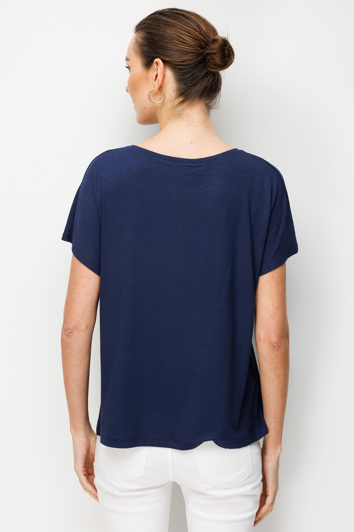Desen Triko Kadın Sıfır Yaka Su Yolu Taşlı Düşük Kollu Penye T-Shirt 26833 Lacivert - 4