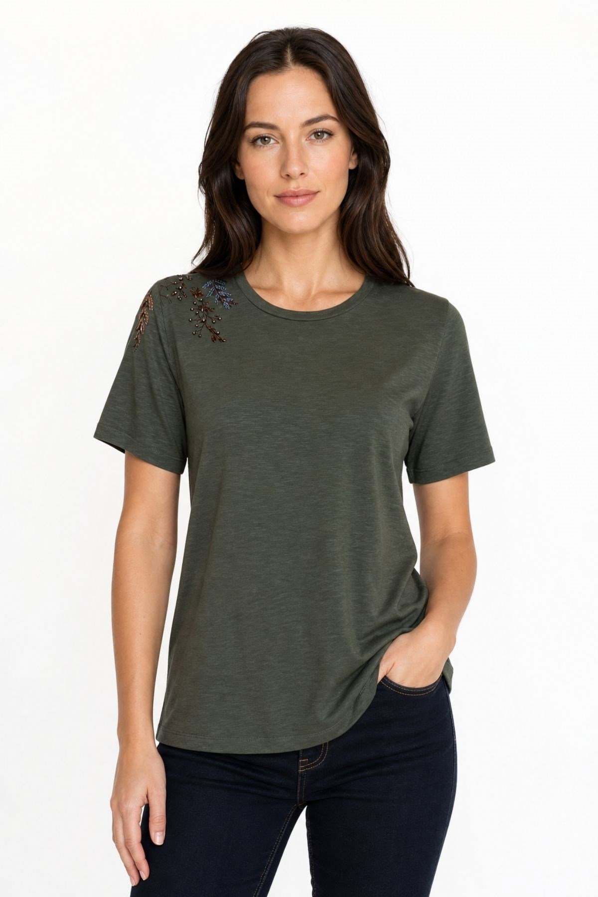 Desen Triko Kadın Sıfır Yaka Tek Omzu Nakışlı Penye T-Shirt 26701 Haki - 1