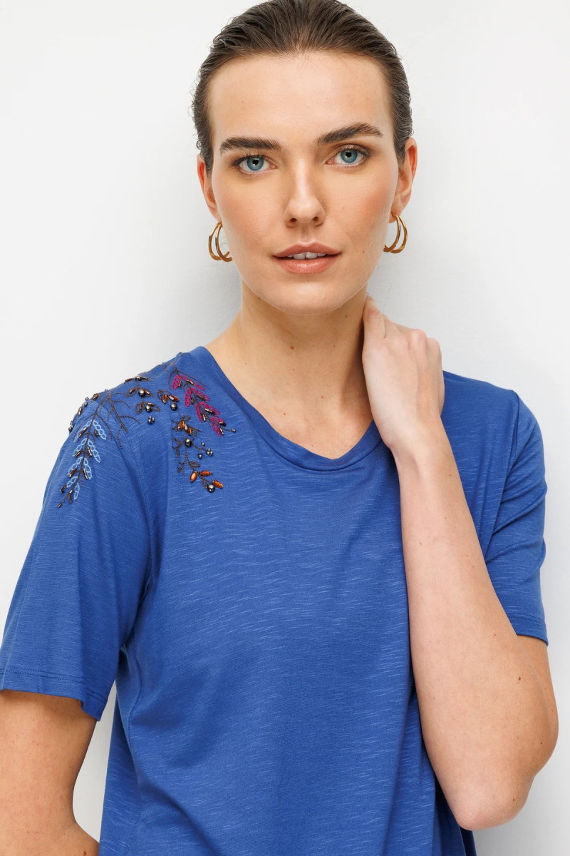 Desen Triko Kadın Sıfır Yaka Tek Omzu Nakışlı Penye T-Shirt 26701 Indigo - Desen Triko