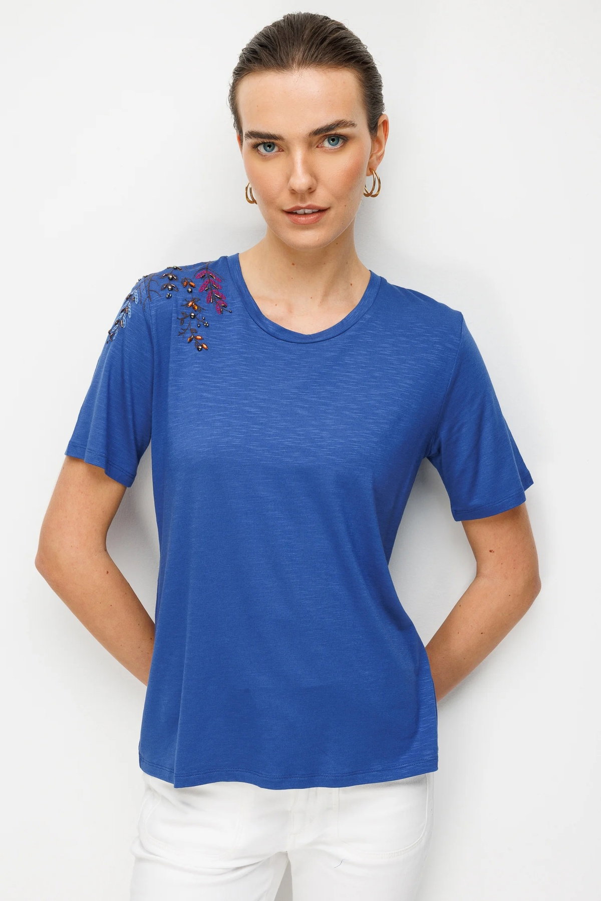 Desen Triko Kadın Sıfır Yaka Tek Omzu Nakışlı Penye T-Shirt 26701 Indigo - 2