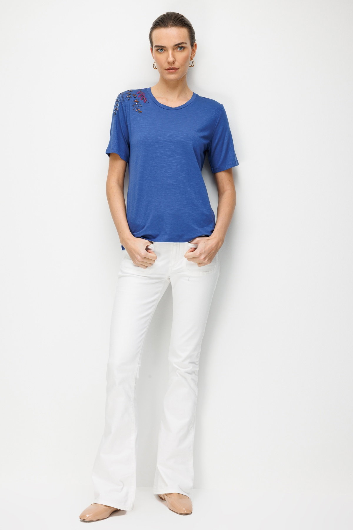 Desen Triko Kadın Sıfır Yaka Tek Omzu Nakışlı Penye T-Shirt 26701 Indigo - 3