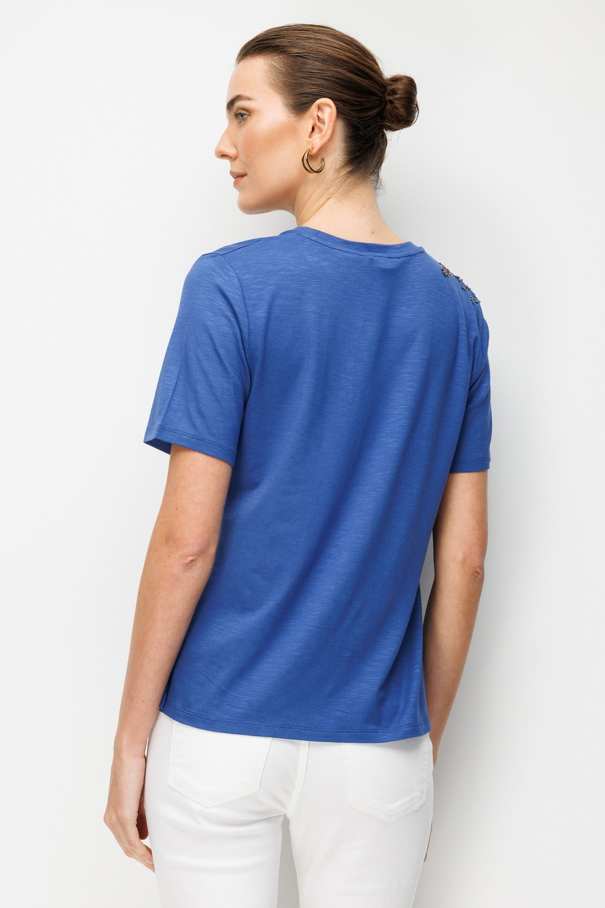 Desen Triko Kadın Sıfır Yaka Tek Omzu Nakışlı Penye T-Shirt 26701 Indigo - 4
