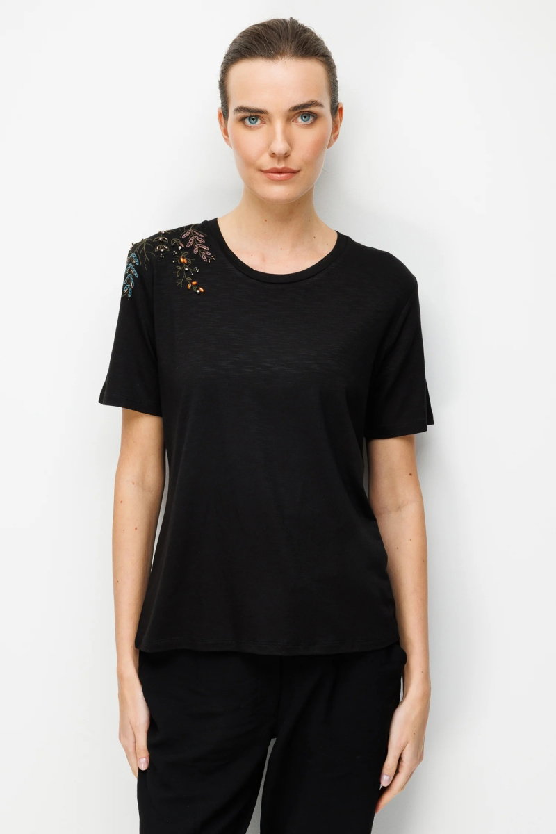 Desen Triko Kadın Sıfır Yaka Tek Omzu Nakışlı Penye T-Shirt 26701 Siyah - Desen Triko