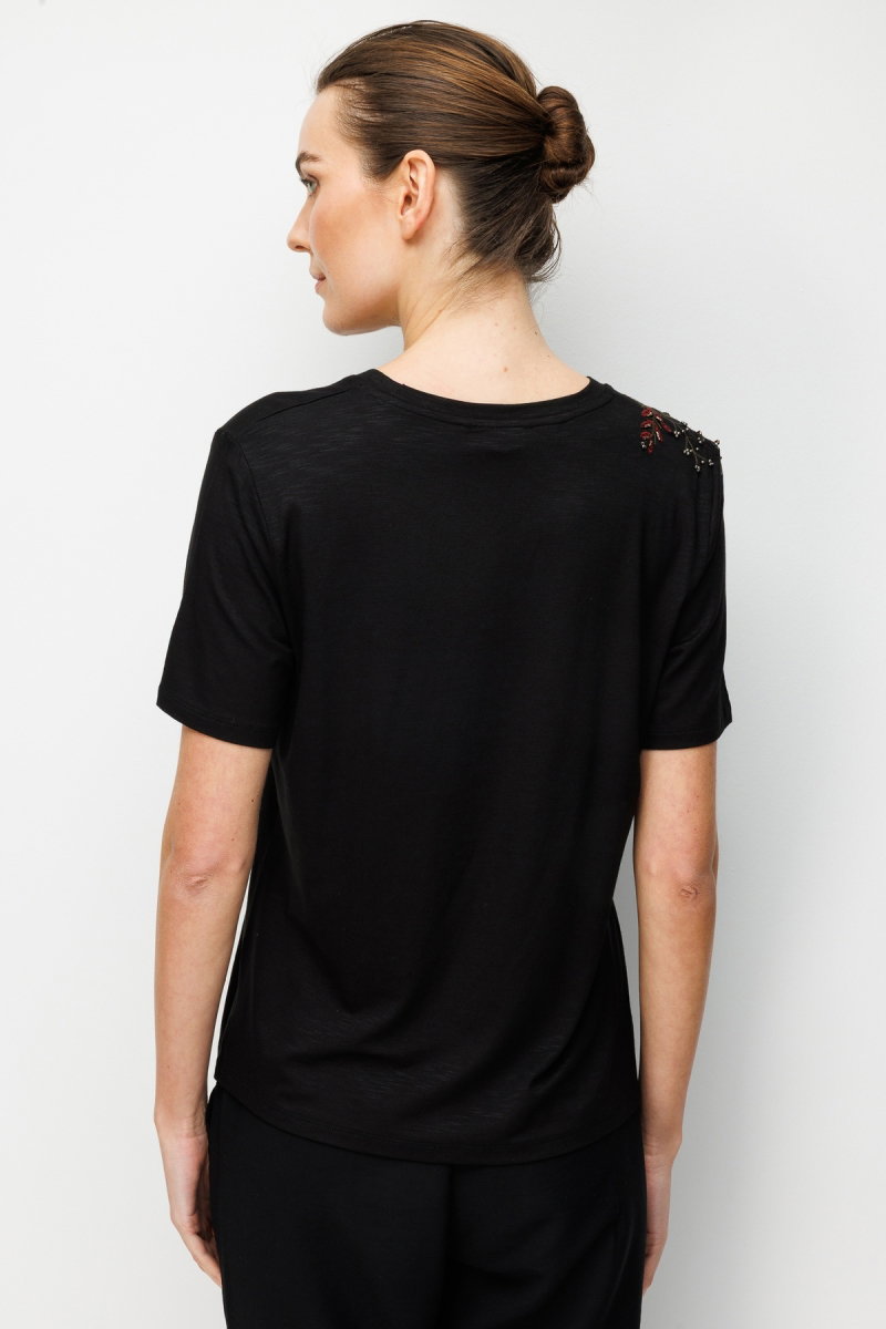 Desen Triko Kadın Sıfır Yaka Tek Omzu Nakışlı Penye T-Shirt 26701 Siyah - 4