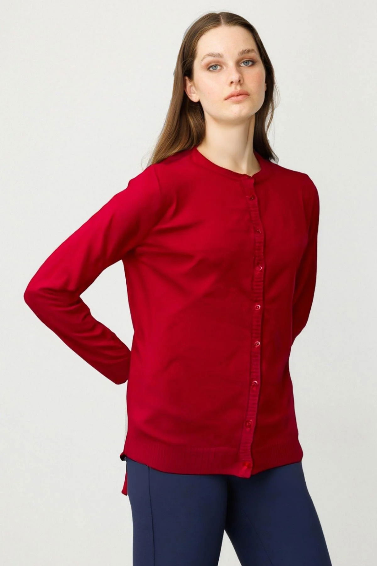 Desen Triko Kadın Sıfır Yaka Triko Yün Hırka 21031 K.Kırmızı - 1