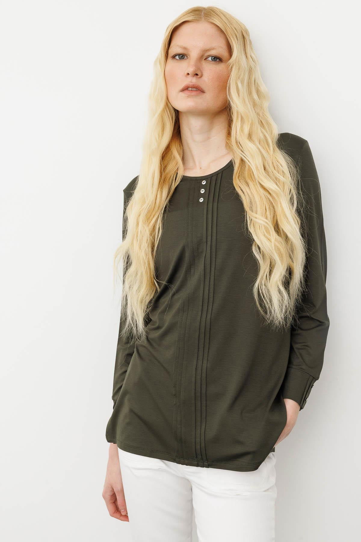 Desen Triko Kadın Sıfır Yaka Uzun Kollu Penye Bluz 25767 Haki - 1