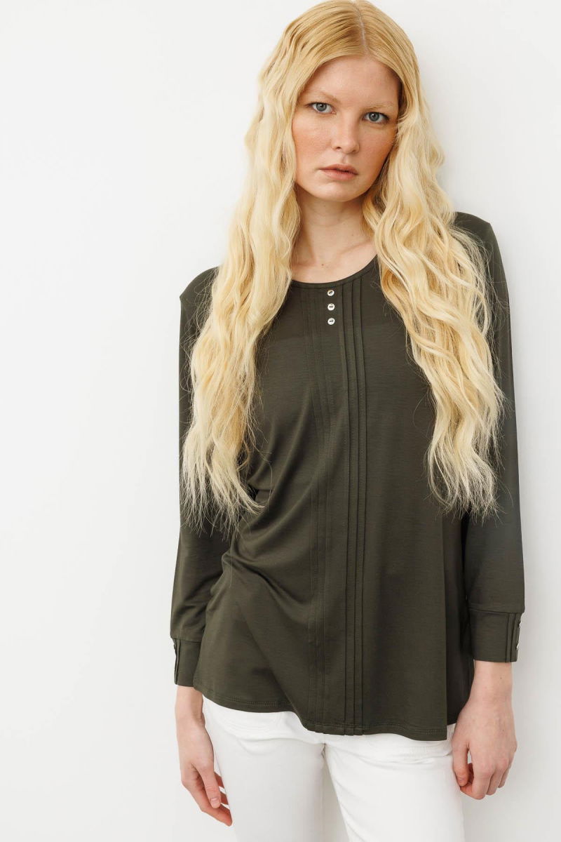 Desen Triko Kadın Sıfır Yaka Uzun Kollu Penye Bluz 25767 Haki - 2