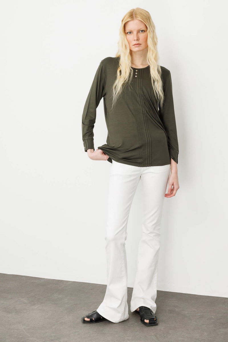 Desen Triko Kadın Sıfır Yaka Uzun Kollu Penye Bluz 25767 Haki - 3