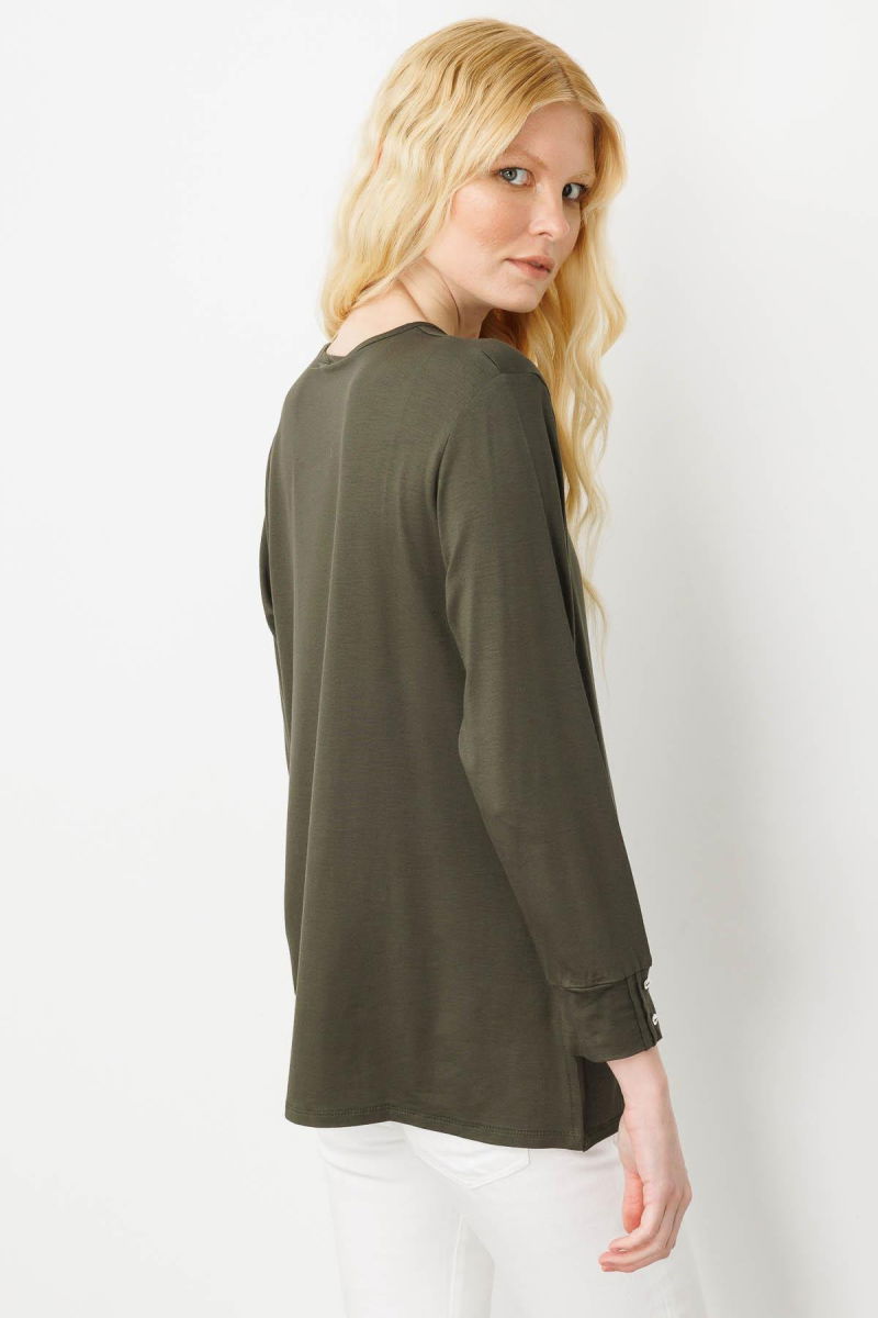 Desen Triko Kadın Sıfır Yaka Uzun Kollu Penye Bluz 25767 Haki - 4